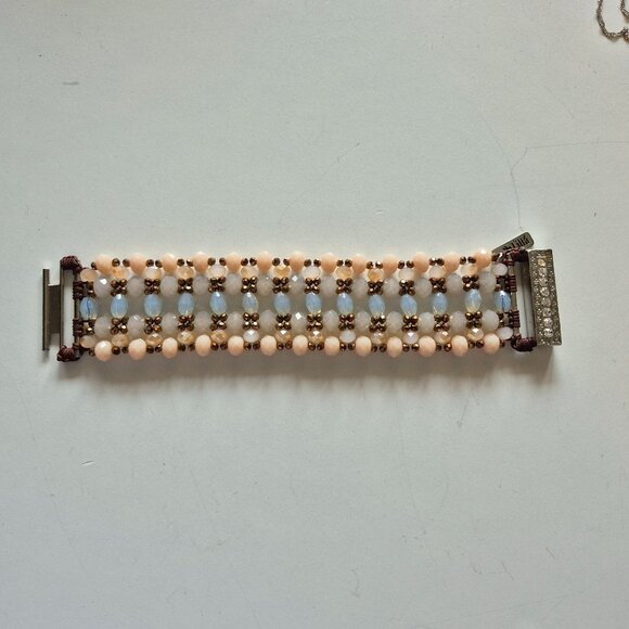 Lilla Wide Multicoloured Beaded Bracelet with Silvertone Jeweled Clasp - Picture 1 of 6